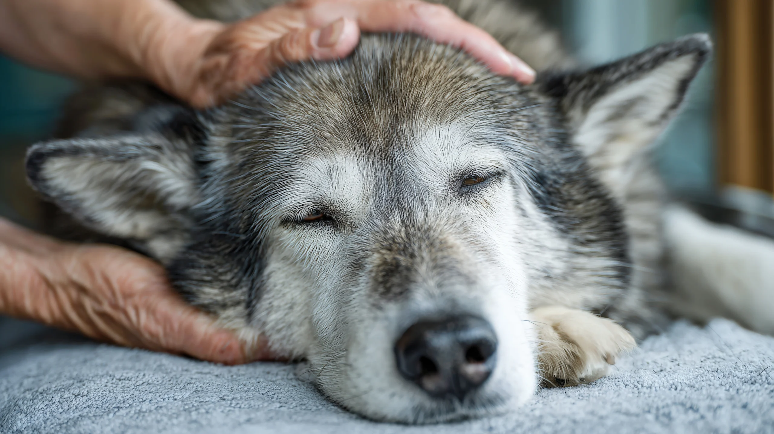 An older person's hands gently rest on the head of a gray senior Husky or Malamute