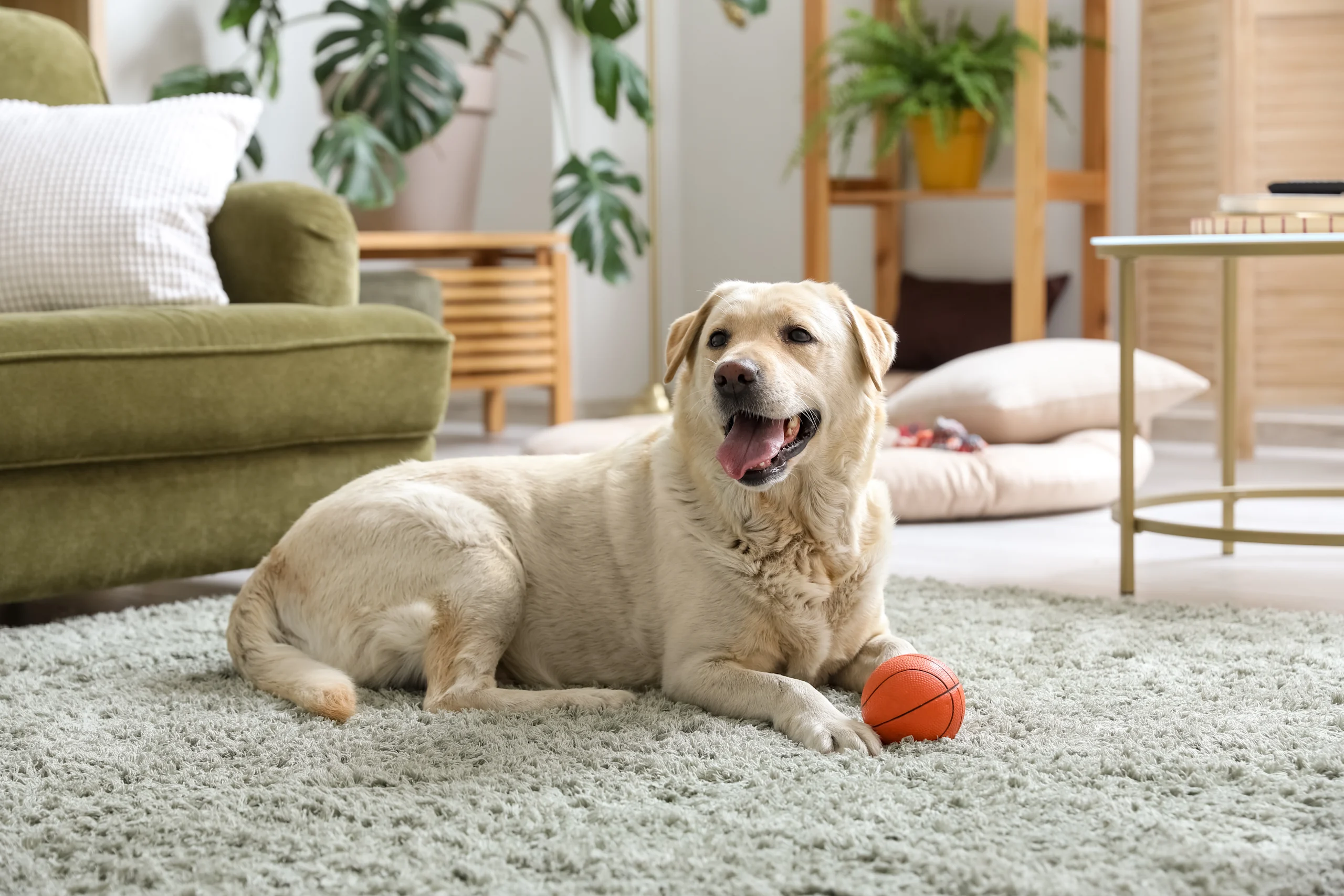 A happy yellow Labrador Retriever lounges on a plush area rug beside a small toy basketball in a stylish, plant-filled living space — living proof that large dog breeds for apartments can be perfectly at home in compact quarters.