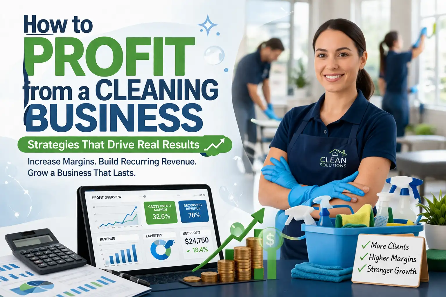 Professional cleaning business cover image showing a smiling cleaner in uniform standing beside cleaning supplies, with a laptop displaying profit charts, coins stacked with an upward arrow, and a bright office being cleaned in the background.