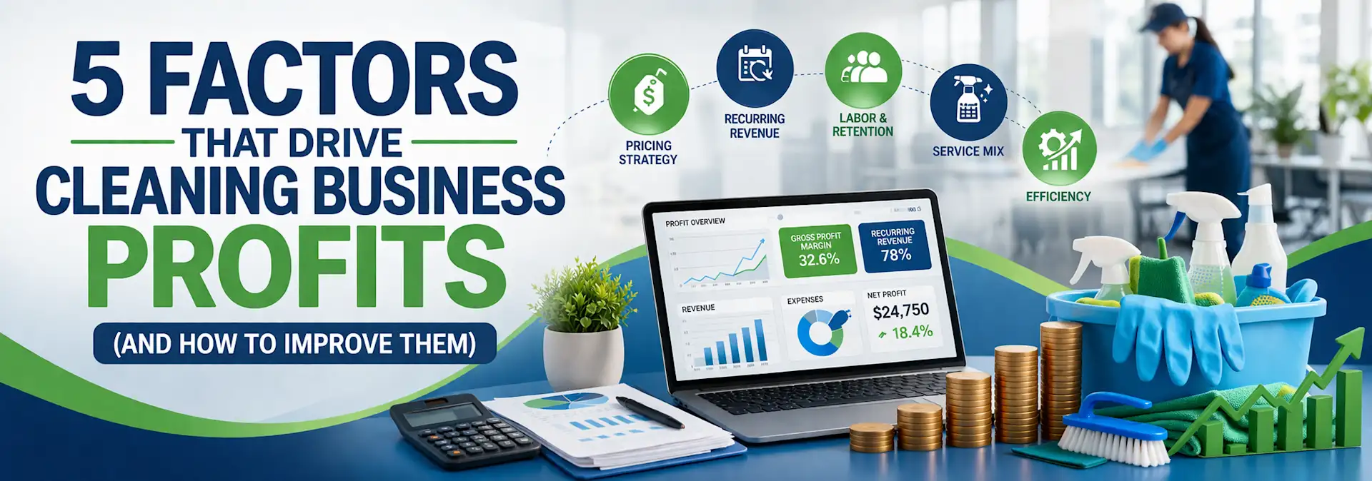 Wide banner image for a cleaning business article showing bold text about the factors that drive profits, with a laptop displaying financial charts, stacked coins, cleaning supplies, a worker cleaning in the background, and icons representing pricing, recurring revenue, labor, service mix, and efficiency.