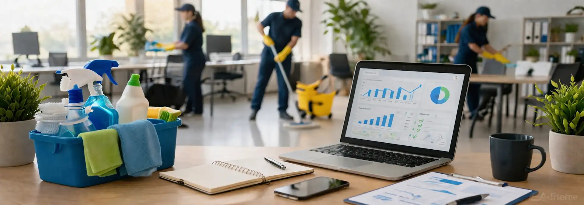 Cleaning supplies and equipment placed on a desk next to a laptop displaying business analytics, with a cleaning team working in the background of a modern office, representing how cleaning companies can manage operations and track performance using digital systems.