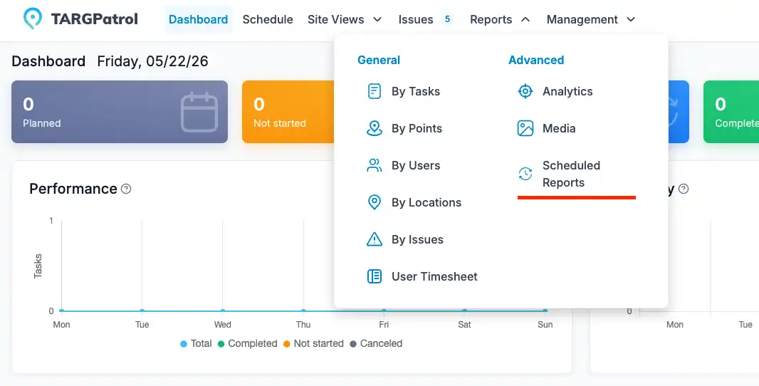 Scheduled Reports menu