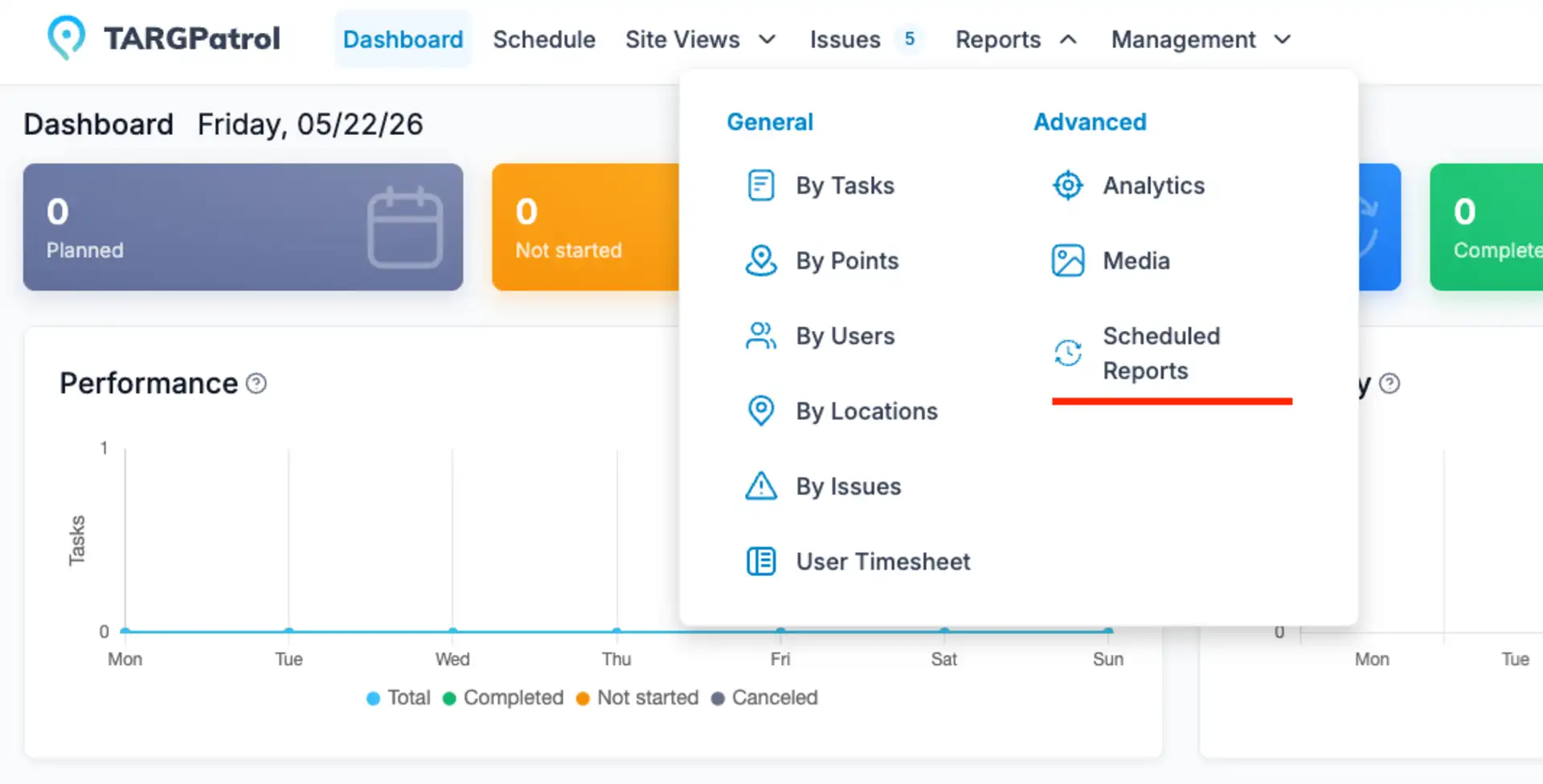 Scheduled Reports menu