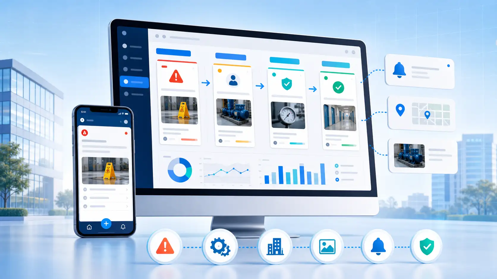 Editorial illustration of operational incident management software on desktop and mobile devices.
