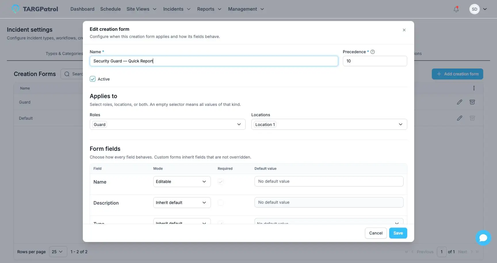 Incident Creation Form configuration