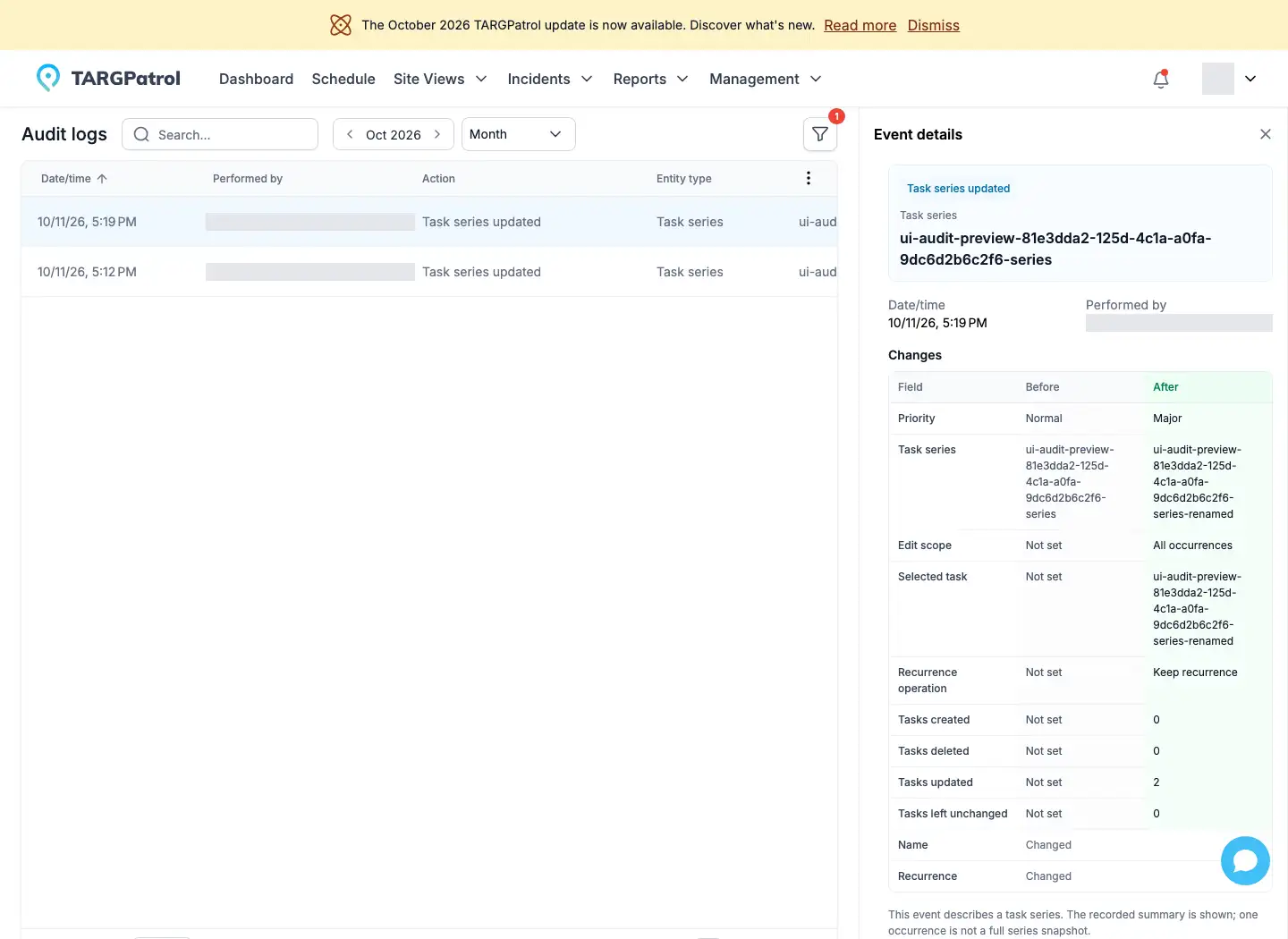 TARGPatrol Audit logs — recurring-series change details (English test data)