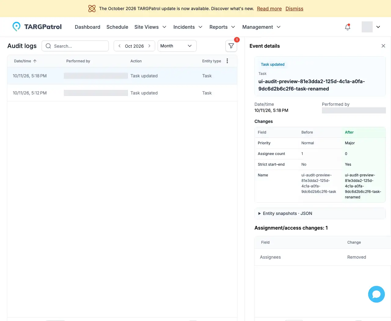 TARGPatrol Audit logs — task change details (English test data)