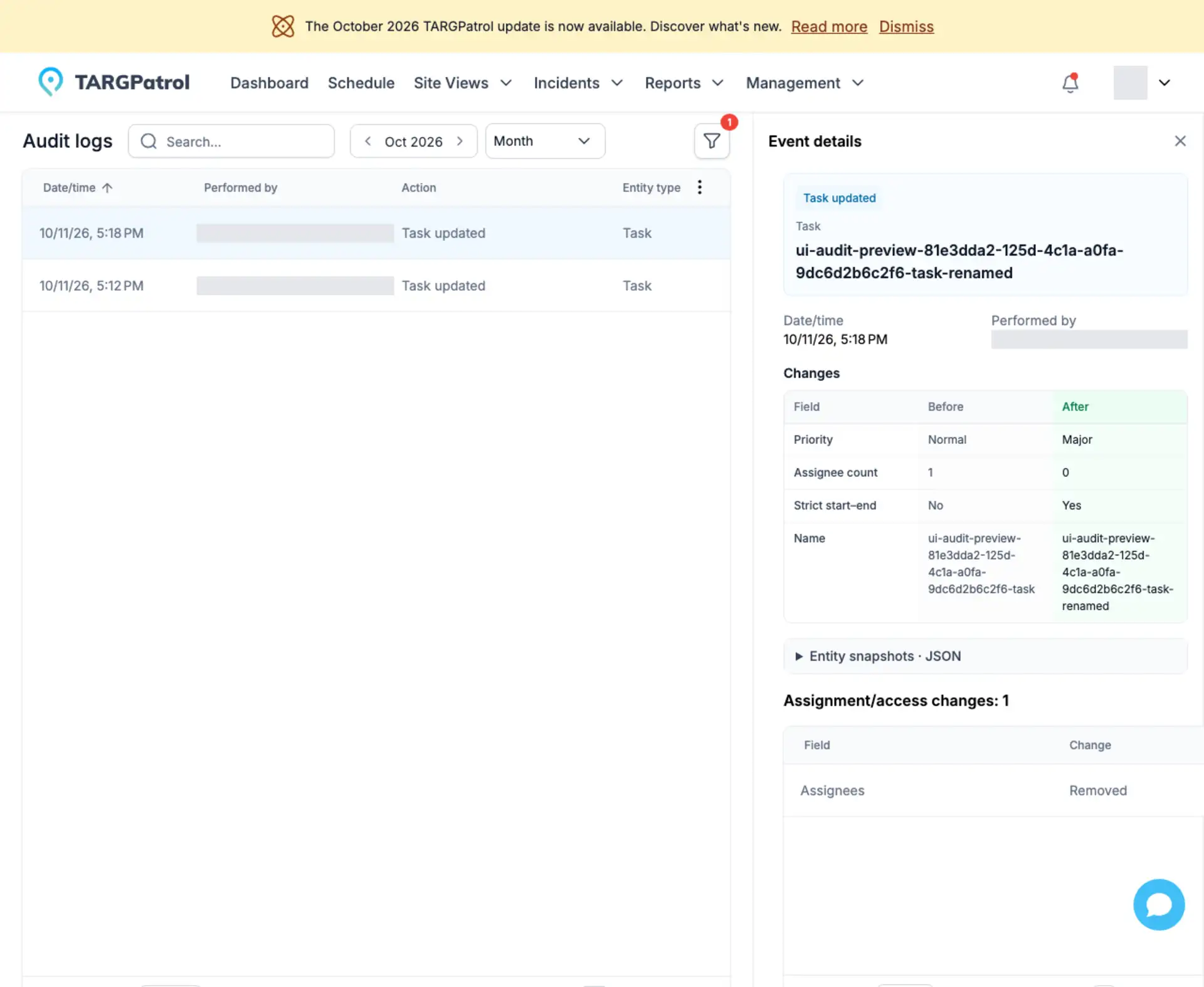 TARGPatrol Audit logs — task change details (English test data)