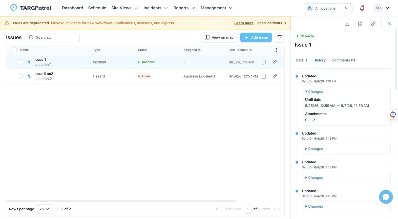 TARGPatrol issue History — English web interface, sample data