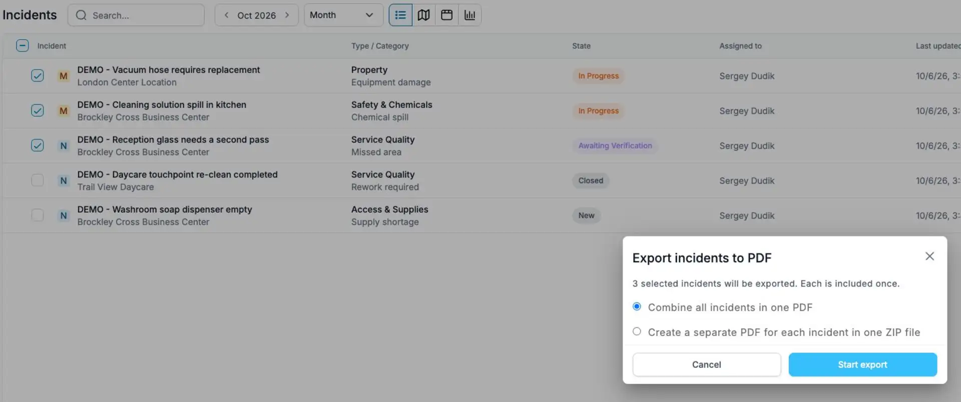 October 2026 — Export several Incidents at once