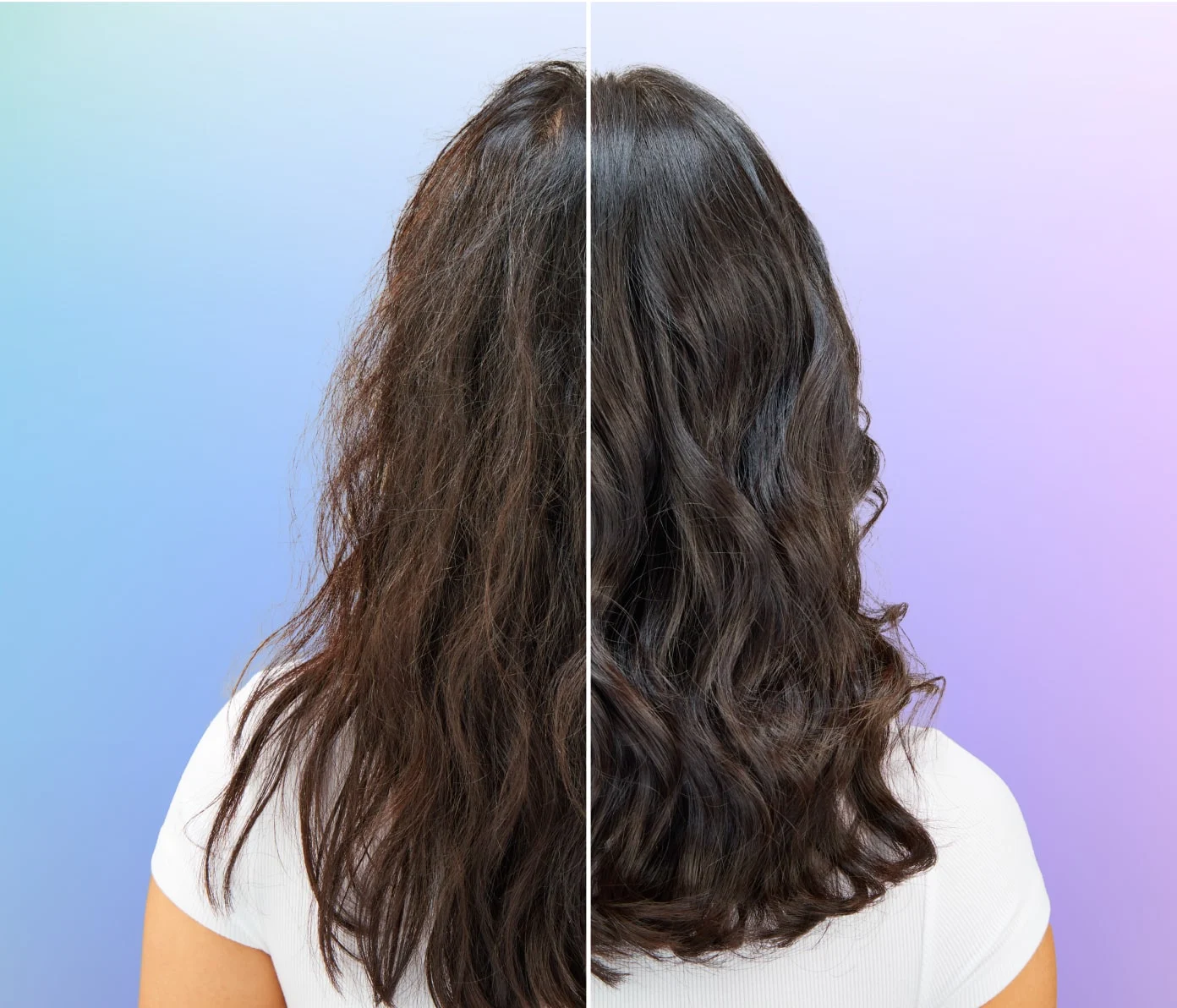 Hair transformation showing frizzy hair on the left, smooth curls on the right.