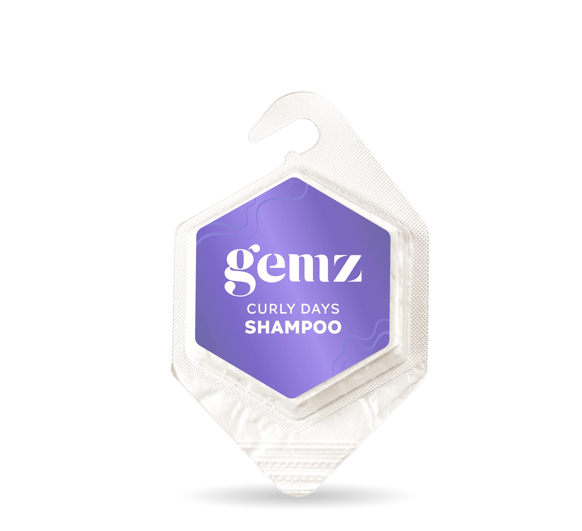 Purple hexagonal "Gemz Curly Days Shampoo" package with a hook.