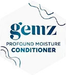 Hexagonal white logo with "gemz Profound Moisture Conditioner" text.