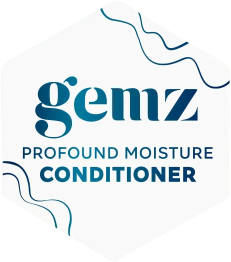 Hexagonal white logo with "gemz Profound Moisture Conditioner" text.