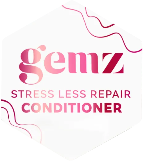 Hexagonal white logo with "gemz Stress Less Repair Conditioner" text.