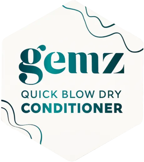 Hexagonal white logo with "gemz Quick Blow Dry Conditioner" text.