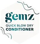Hexagonal white logo with "gemz Quick Blow Dry Conditioner" text.