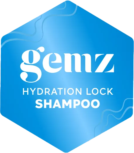 Hexagonal white logo with "gemz Hydration Lock Shampoo" text.