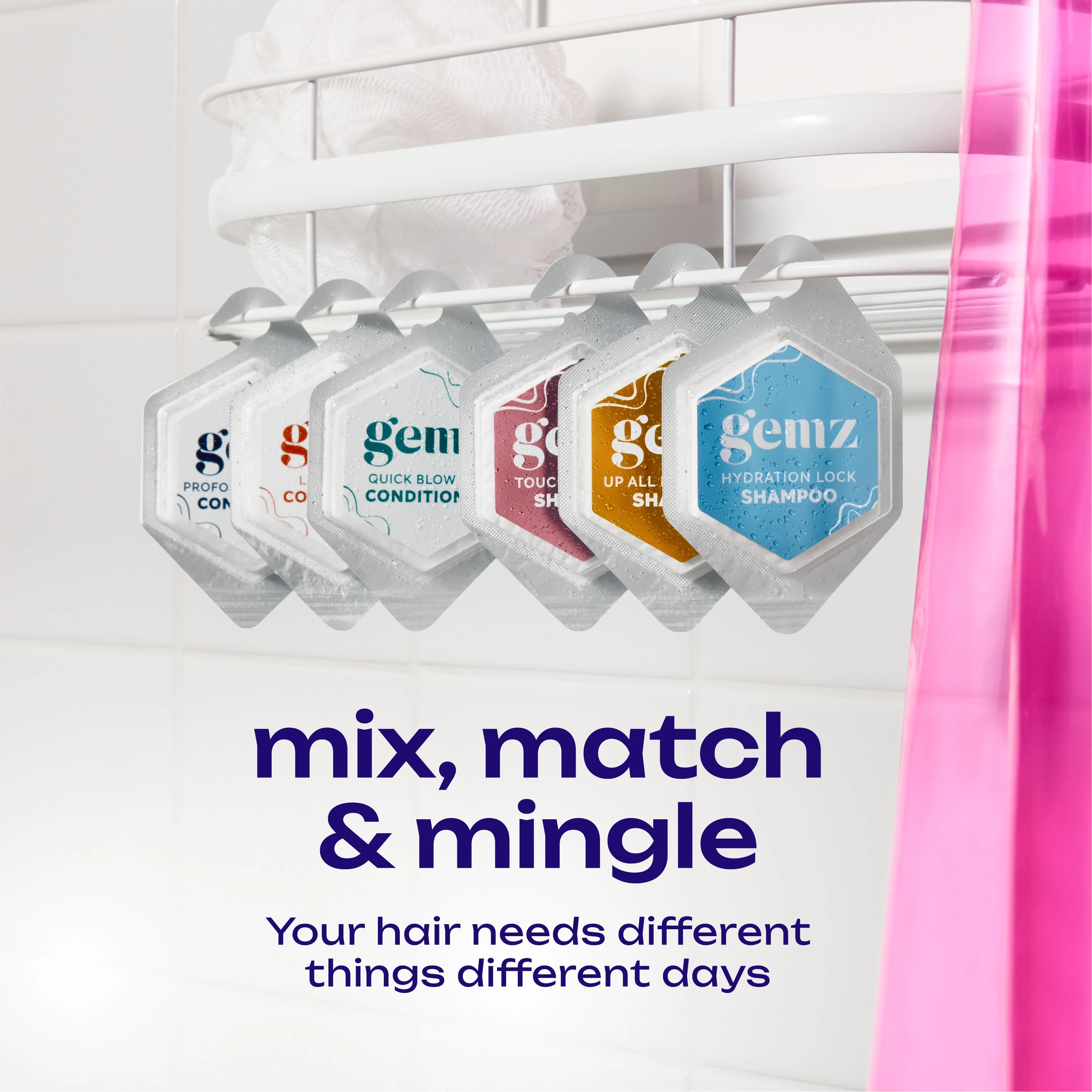Shampoo and conditioner packets hanging on shower caddy, with text "mix, match & mingle".