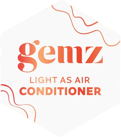 Hexagonal white logo with "gemz Light As Air Conditioner" text.