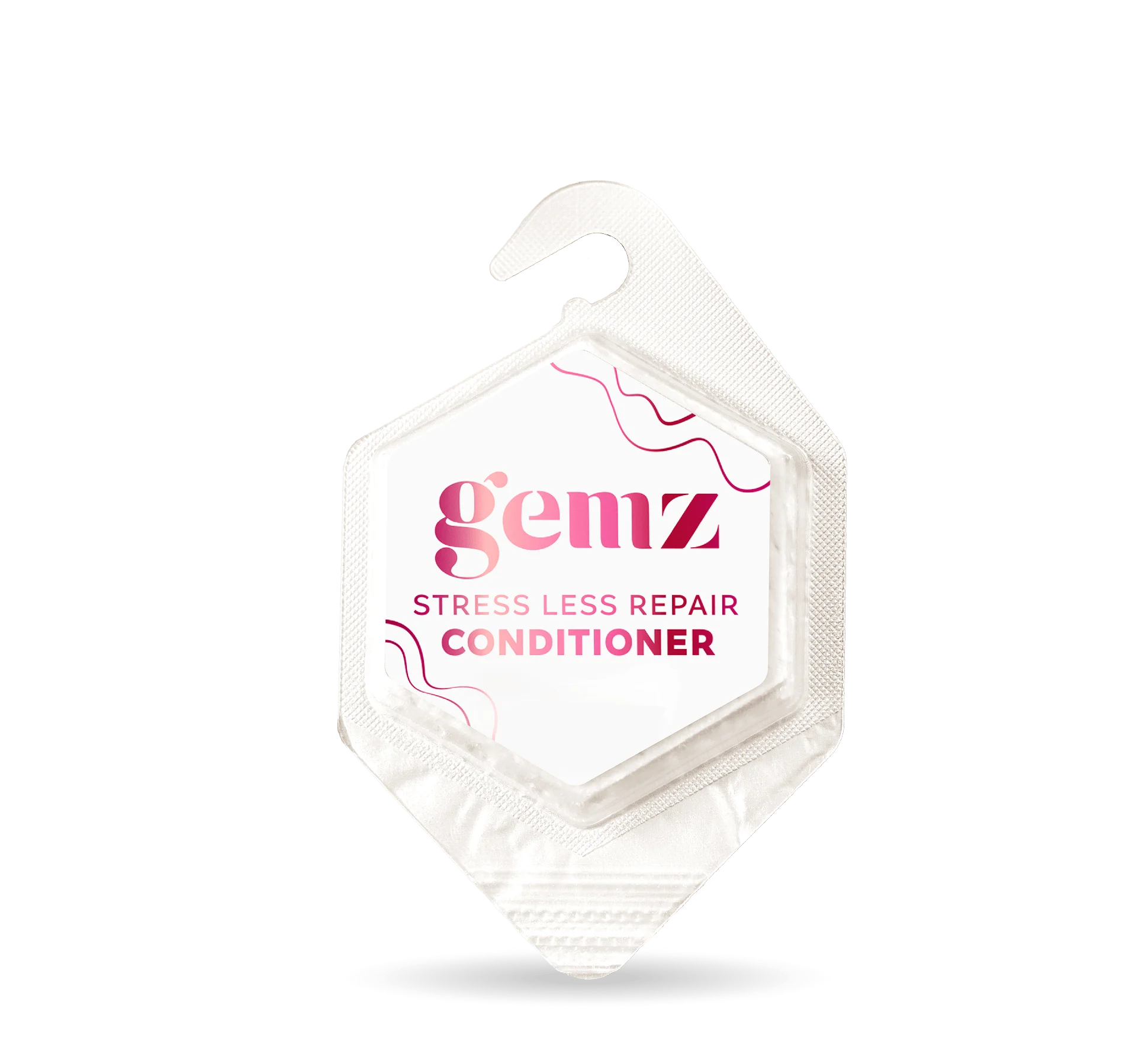 Hexagonal packet labeled "gemz Stress Less Repair Conditioner" with pink accents.