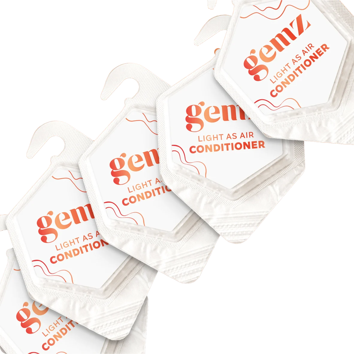 Hexagonal packets of Gemz light conditioner on gradient background.