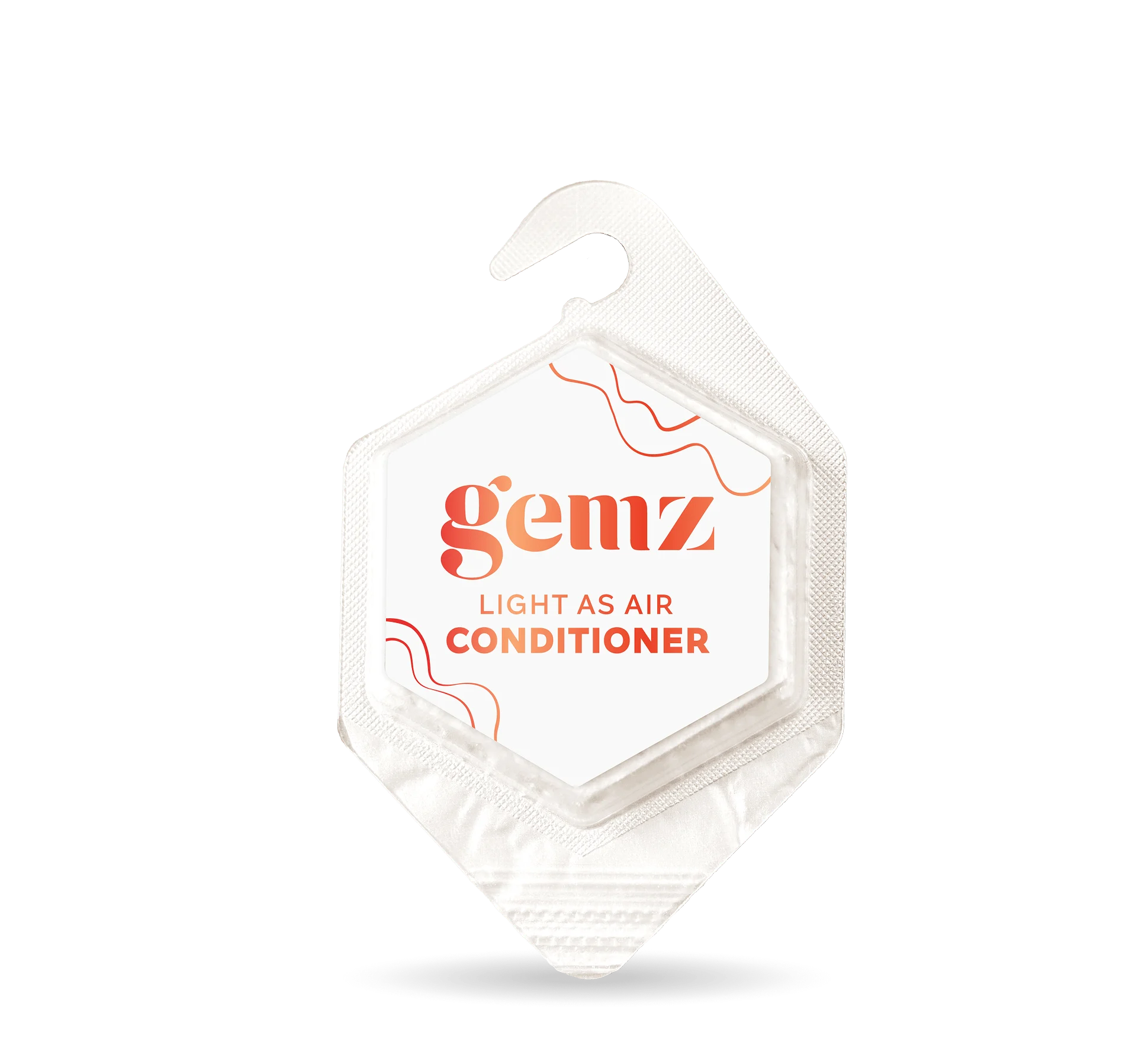 Hexagonal air freshener labeled "gemz Light as Air Conditioner" with a hook for hanging.
