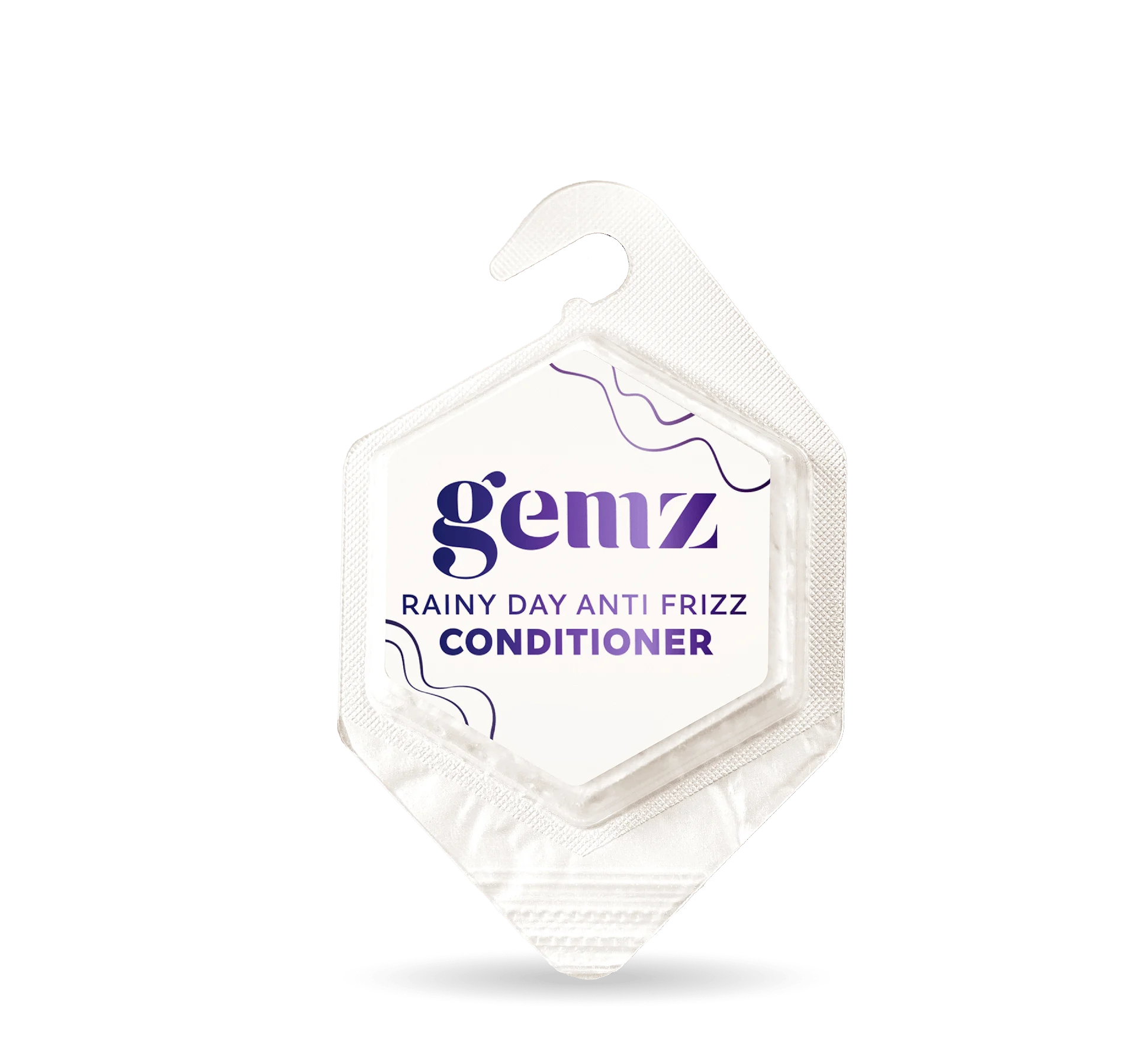 Hexagonal sachet of "Gemz Rainy Day Anti Frizz Conditioner" with hanging hook.
