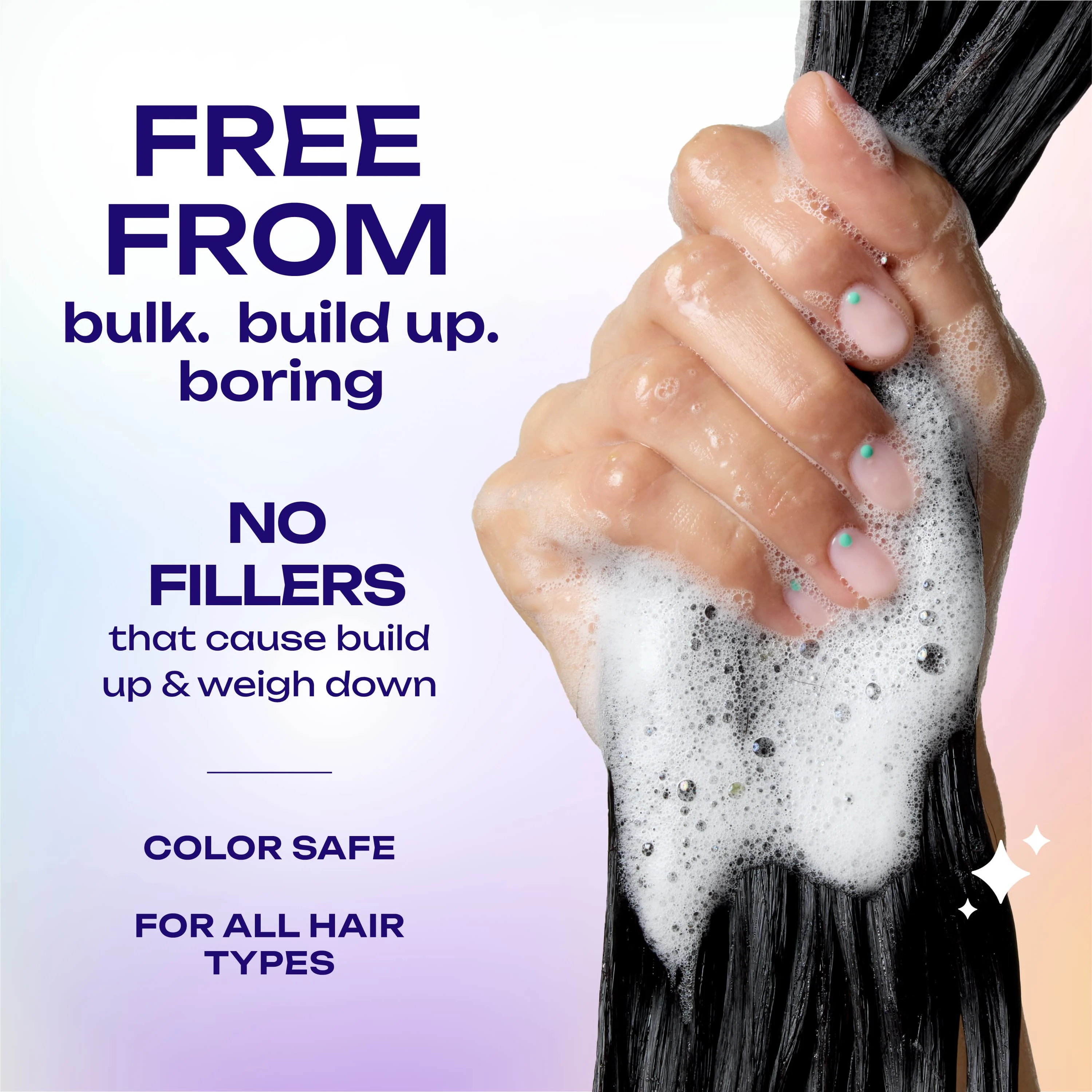 Hand squeezing sudsy black hair, text about no fillers and color-safe, suitable for all hair types.