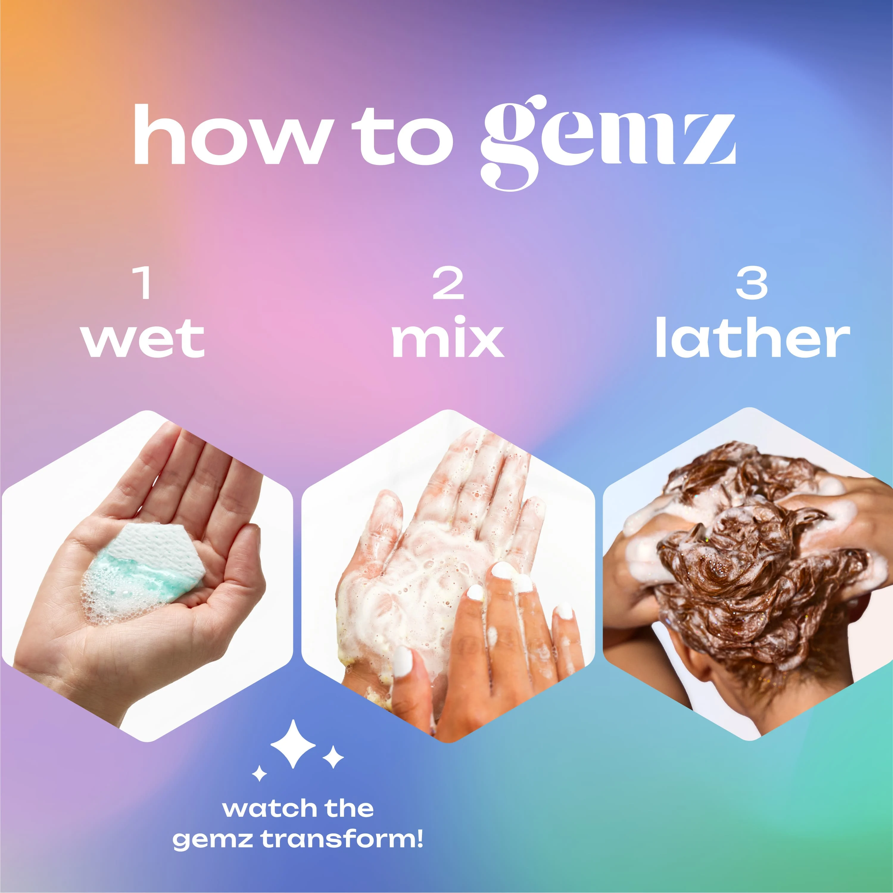 Steps to use gemz: wet, mix into foam, apply to hair. Colorful background.