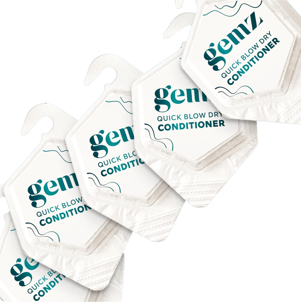 Gemz quick blow dry conditioner packets on teal background.