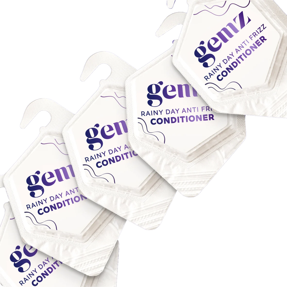 Conditioner sample packets labeled "Gemz Rainy Day Anti Frizz" on a gradient purple background.