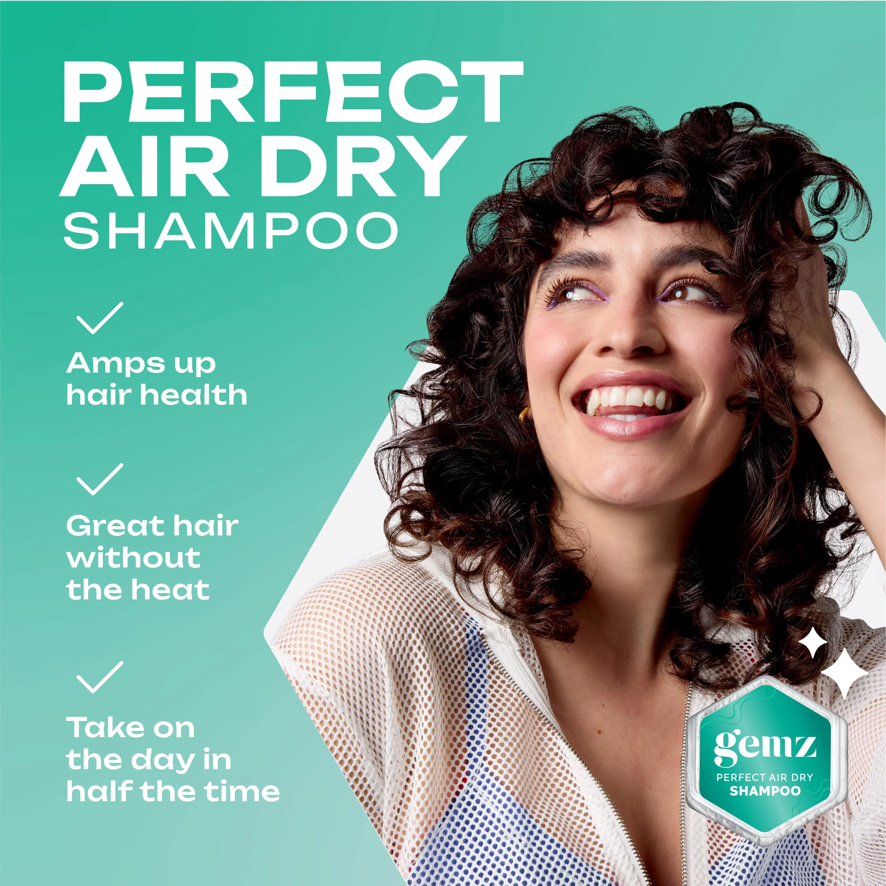 Smiling person with curly hair next to text promoting "Perfect Air Dry Shampoo" on a teal background.