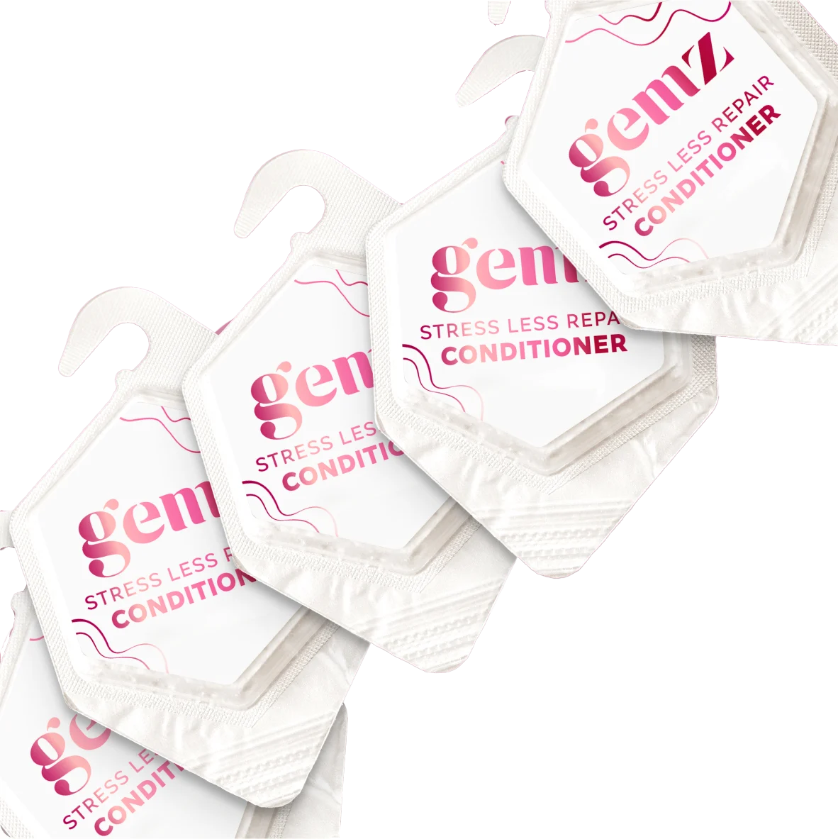Five packets of "Gemz Stress Less Repair Conditioner" on a pink gradient background.