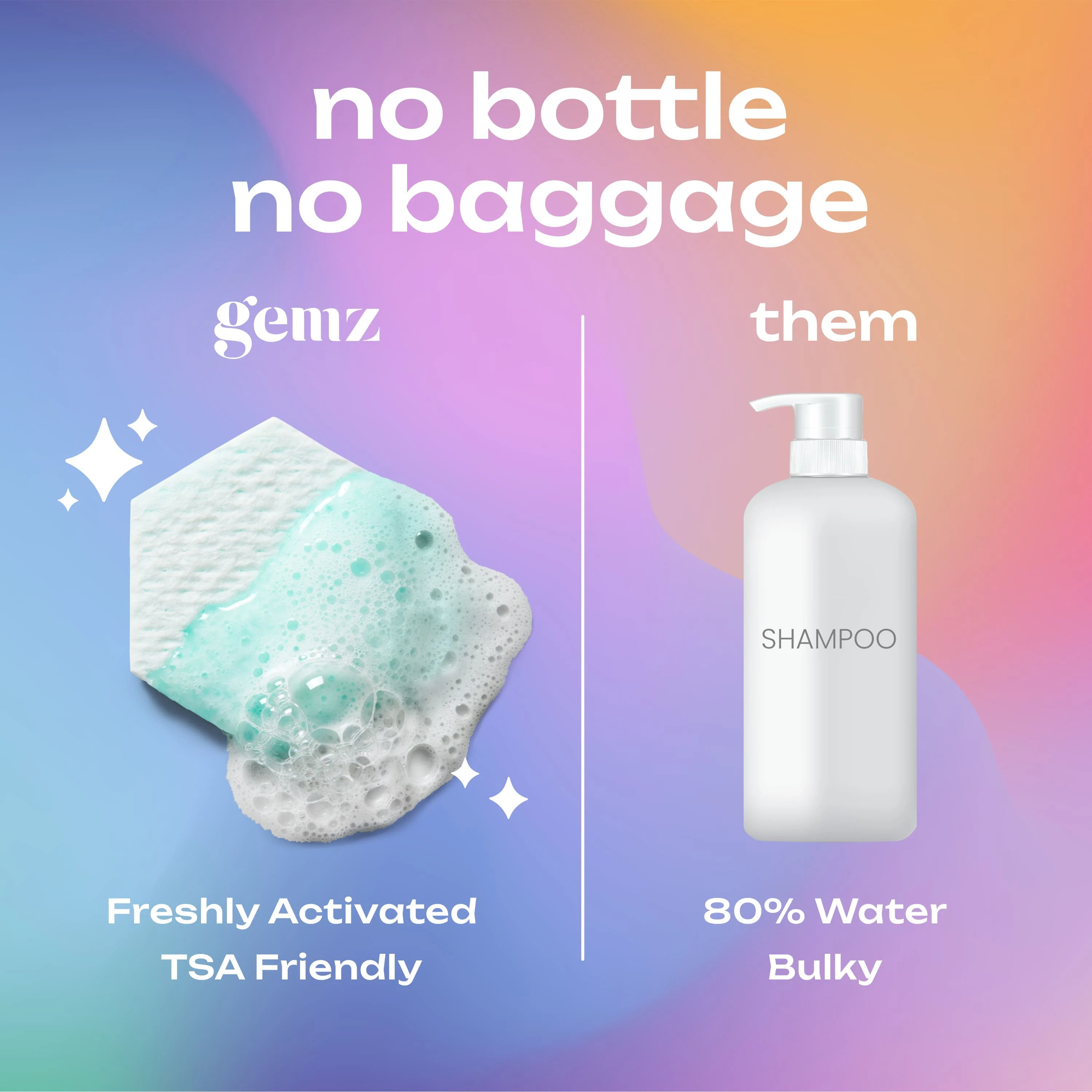 Gemz shampoo sheet with bubbles next to bottle labeled shampoo, on gradient background. Text highlights convenience.