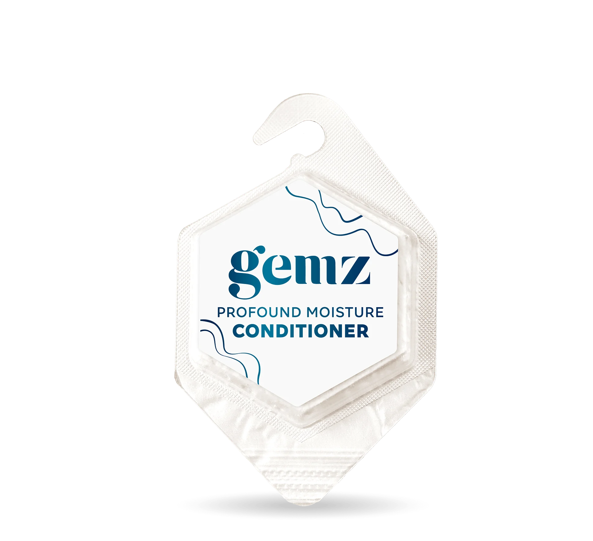 Hexagonal container labeled "gemz Profound Moisture Conditioner" with a hook.