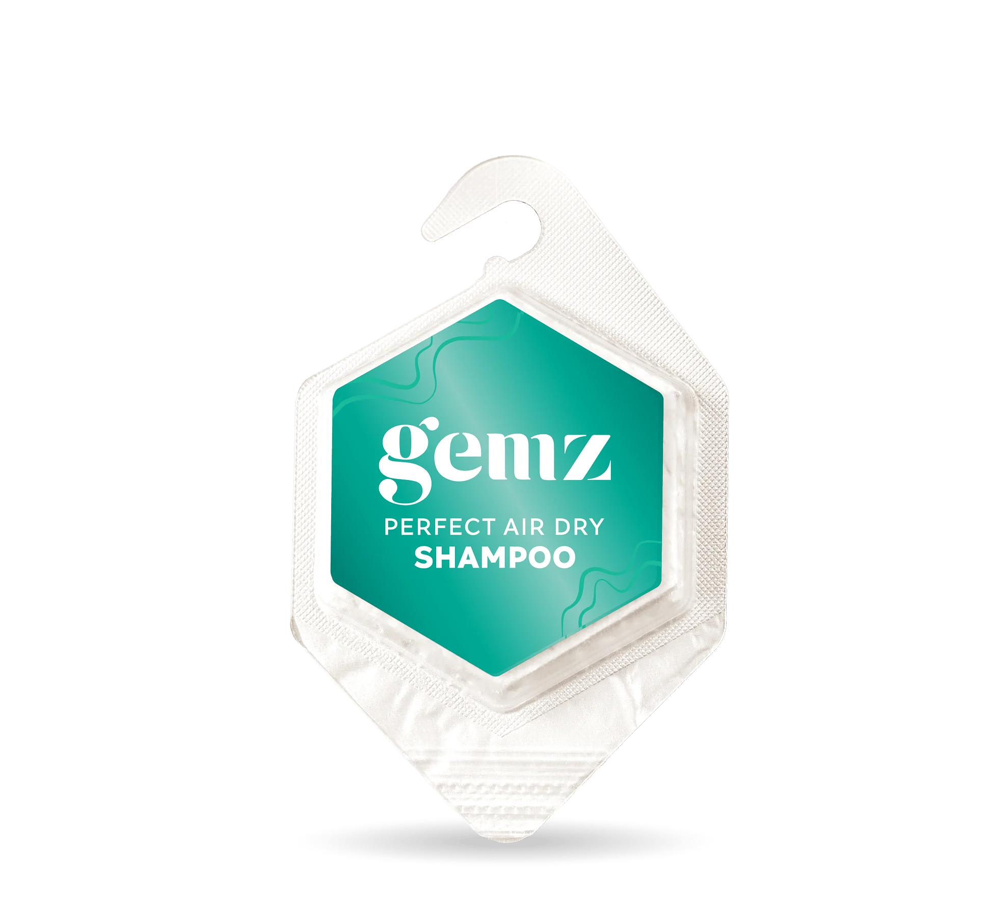 Hexagonal package of "Gemz Perfect Air Dry Shampoo" with a white hook.