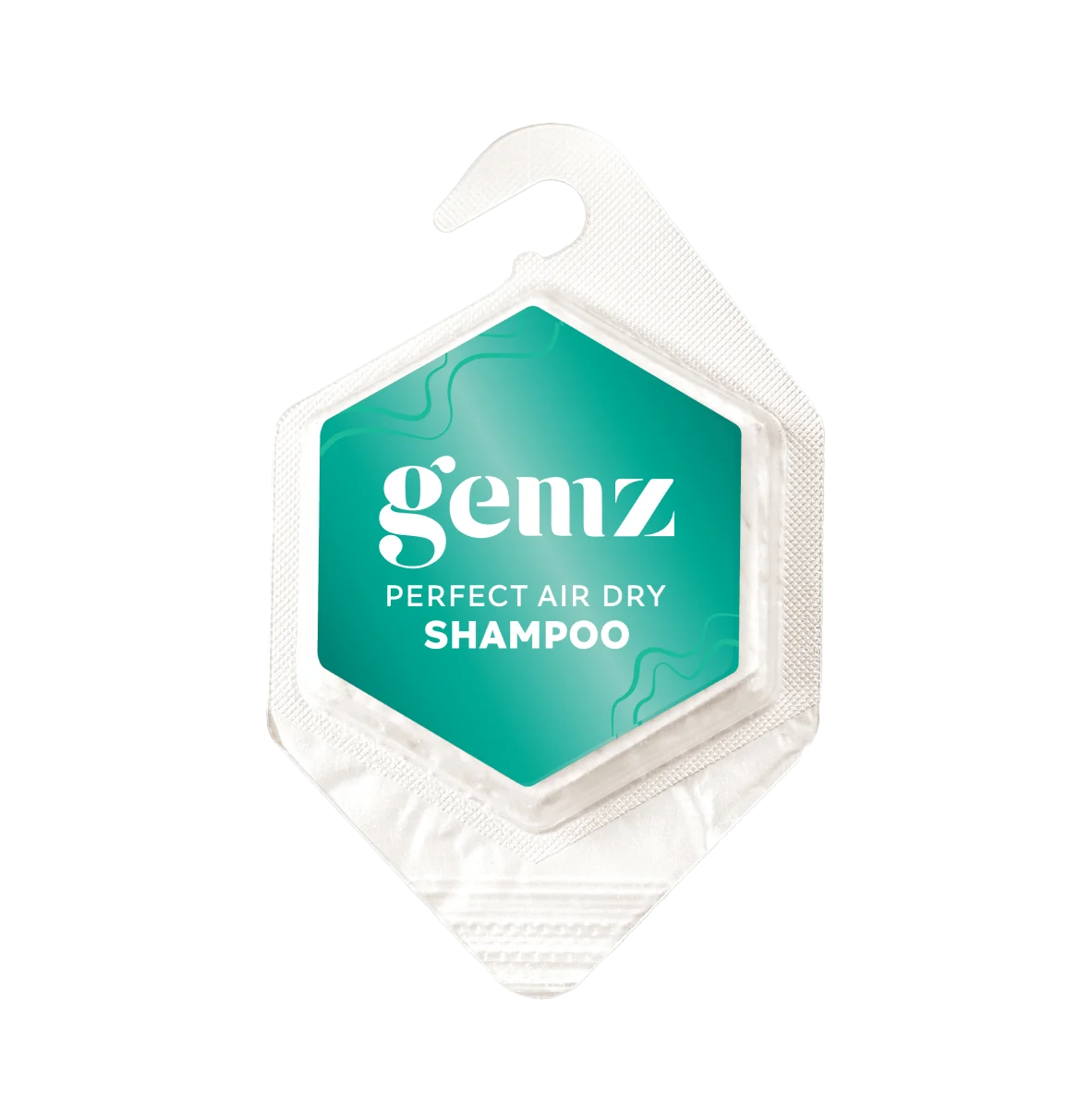 Hexagonal package of "Gemz Perfect Air Dry Shampoo" with a white hook.