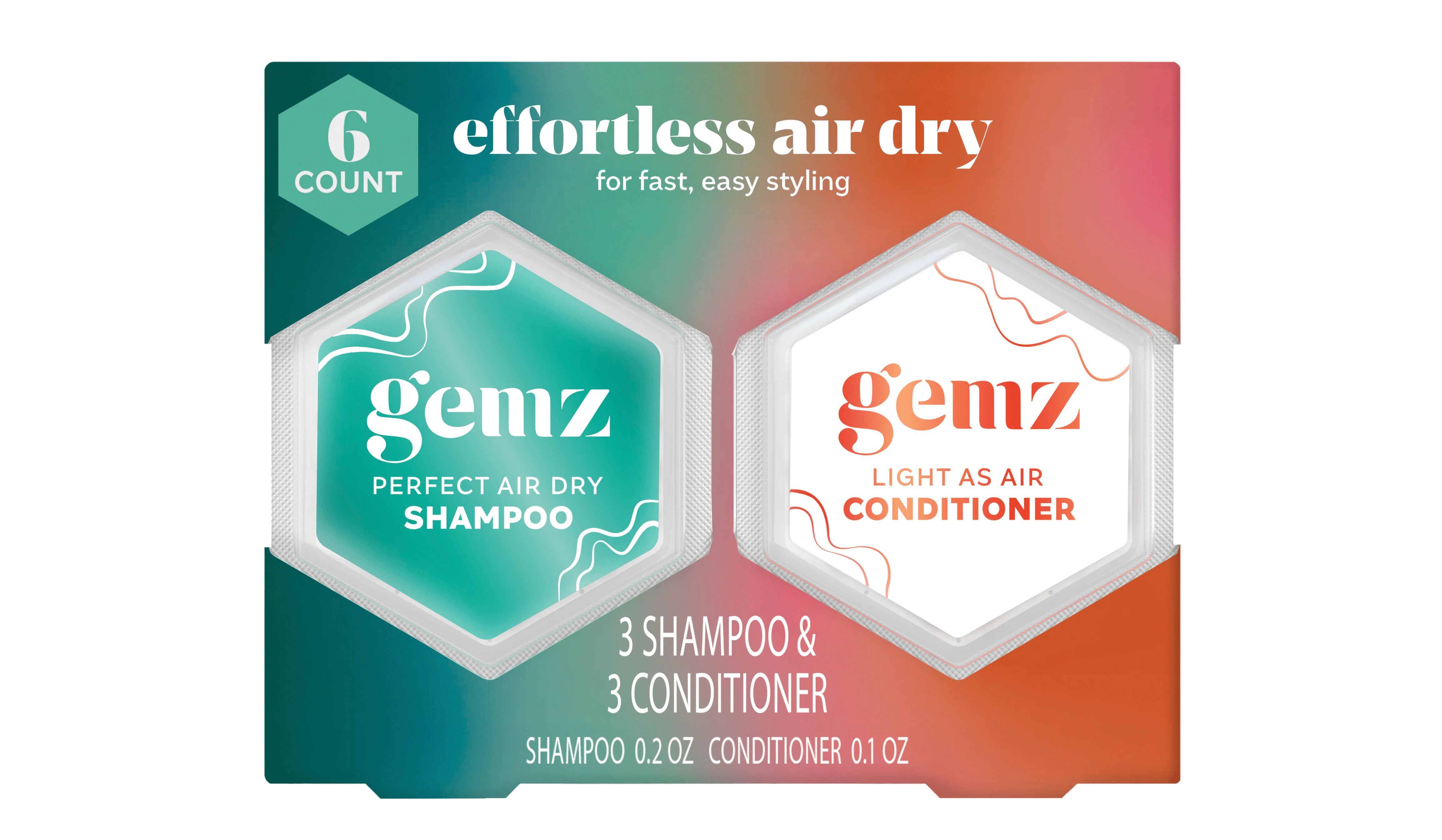 A 6-count package of Gemz Effortless Air Dry Mini Kit shampoos and conditioners.