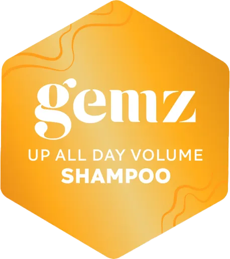 Hexagonal orange logo with "gemz Up All Day Volume Shampoo" text.