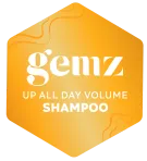 Hexagonal orange logo with "gemz Up All Day Volume Shampoo" text.