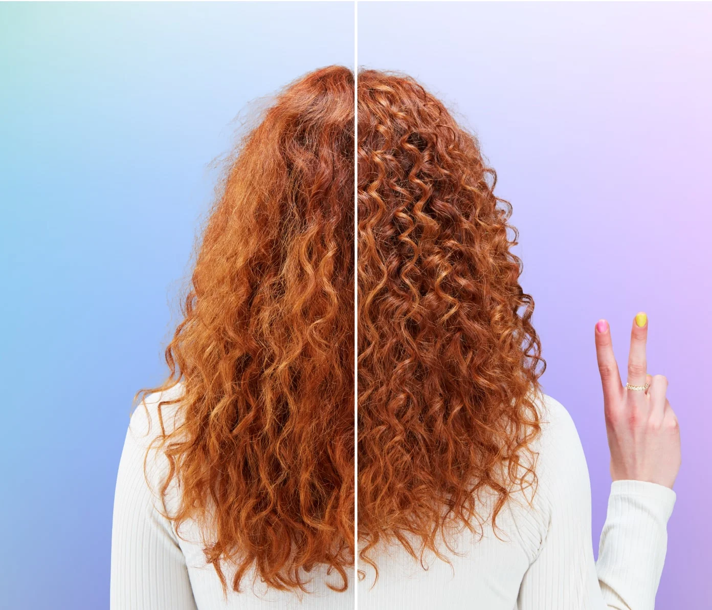 Comparison of red curly hair before and after styling; frizzy on left, defined curls on right with peace sign gesture.