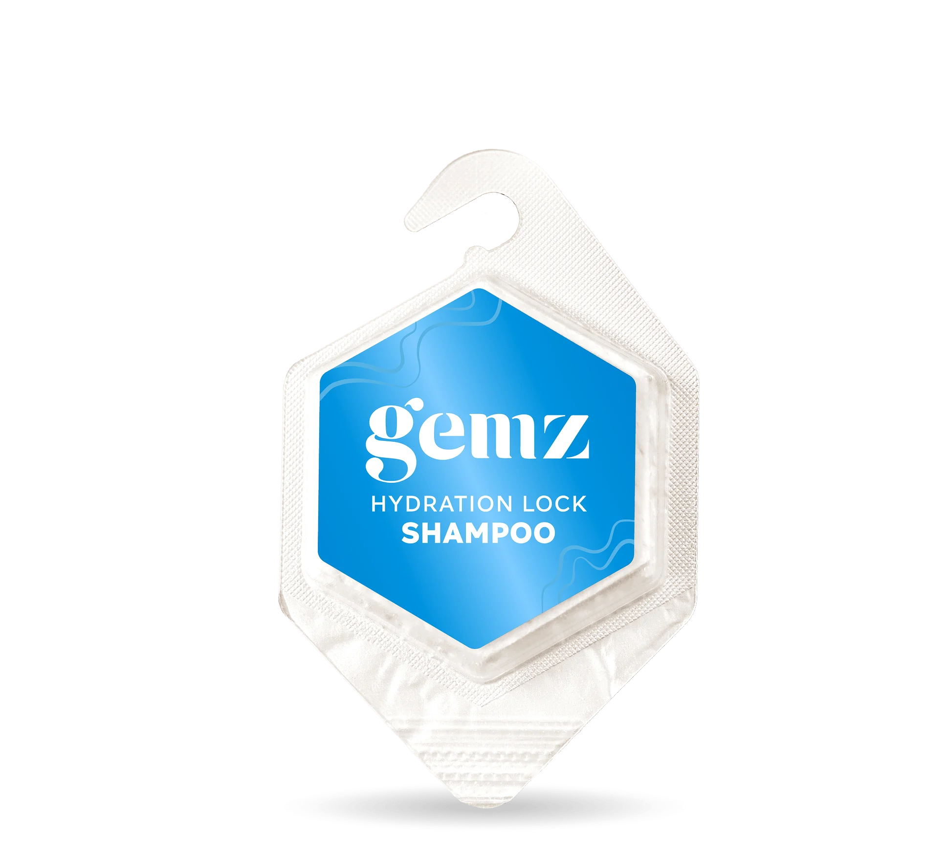 Hexagonal package of Gemz Hydration Lock Shampoo with a hook.
