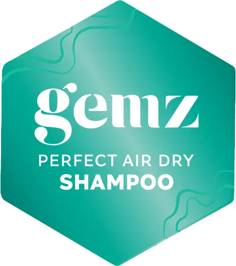Hexagonal mint logo with "gemz Perfect Air Dry Shampoo" text.