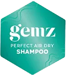 Hexagonal mint logo with "gemz Perfect Air Dry Shampoo" text.