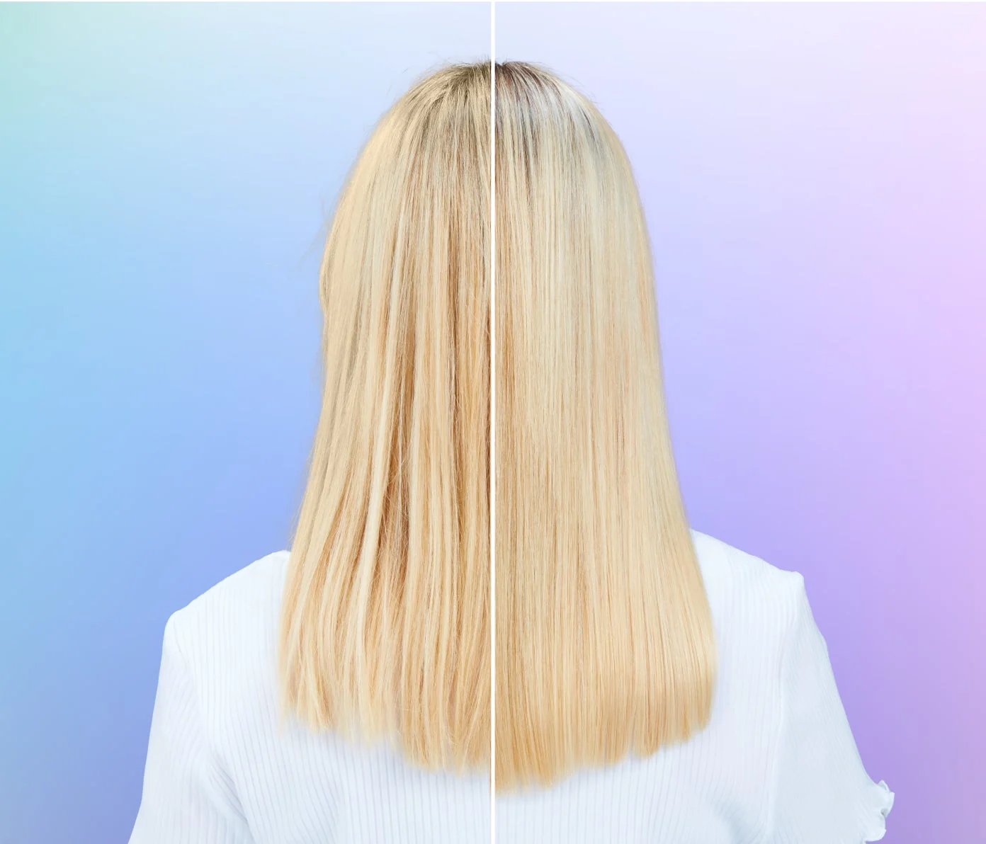 Split image of blonde hair showing a straightened and natural section.