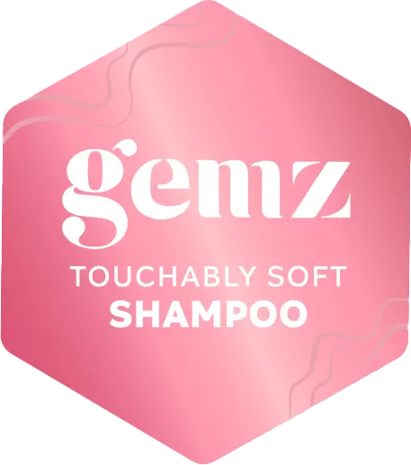 Hexagonal white logo with "gemz Touchably Soft Shampoo" text.