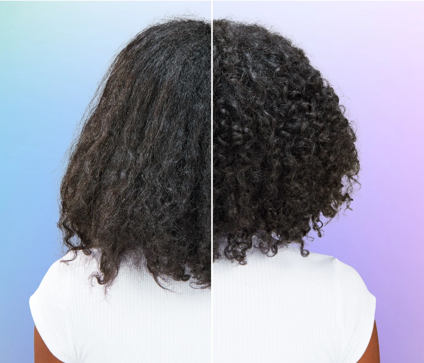 Back view comparison of hair: frizzy on the left, defined curls on the right, against a gradient background.