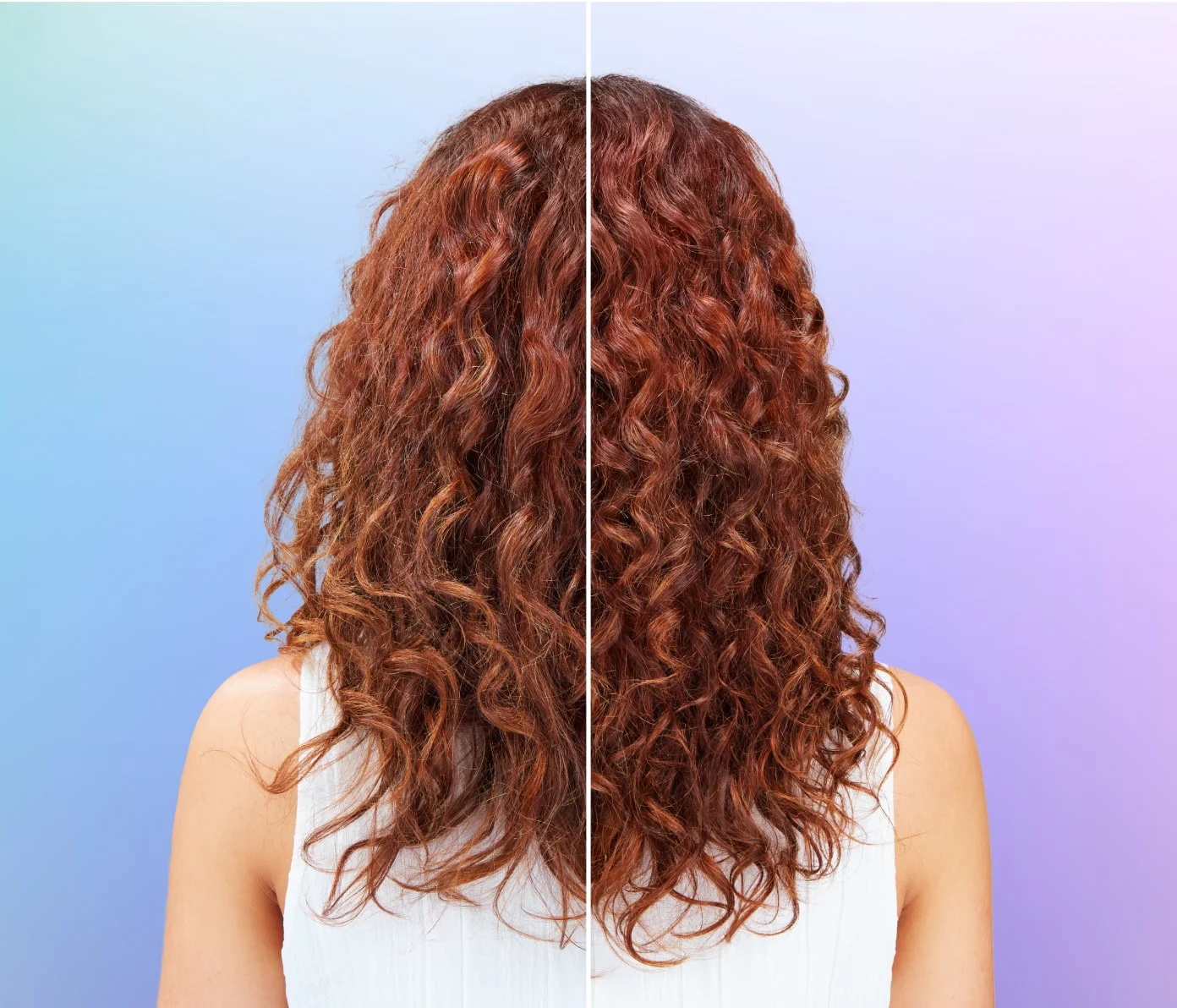 Curly hair comparison with different shades on a split background.