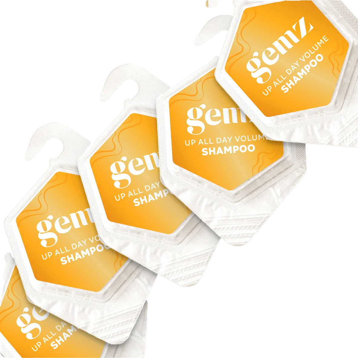 Yellow and white shampoo packets with hooks labeled "gemz Up All Day Volume Shampoo."